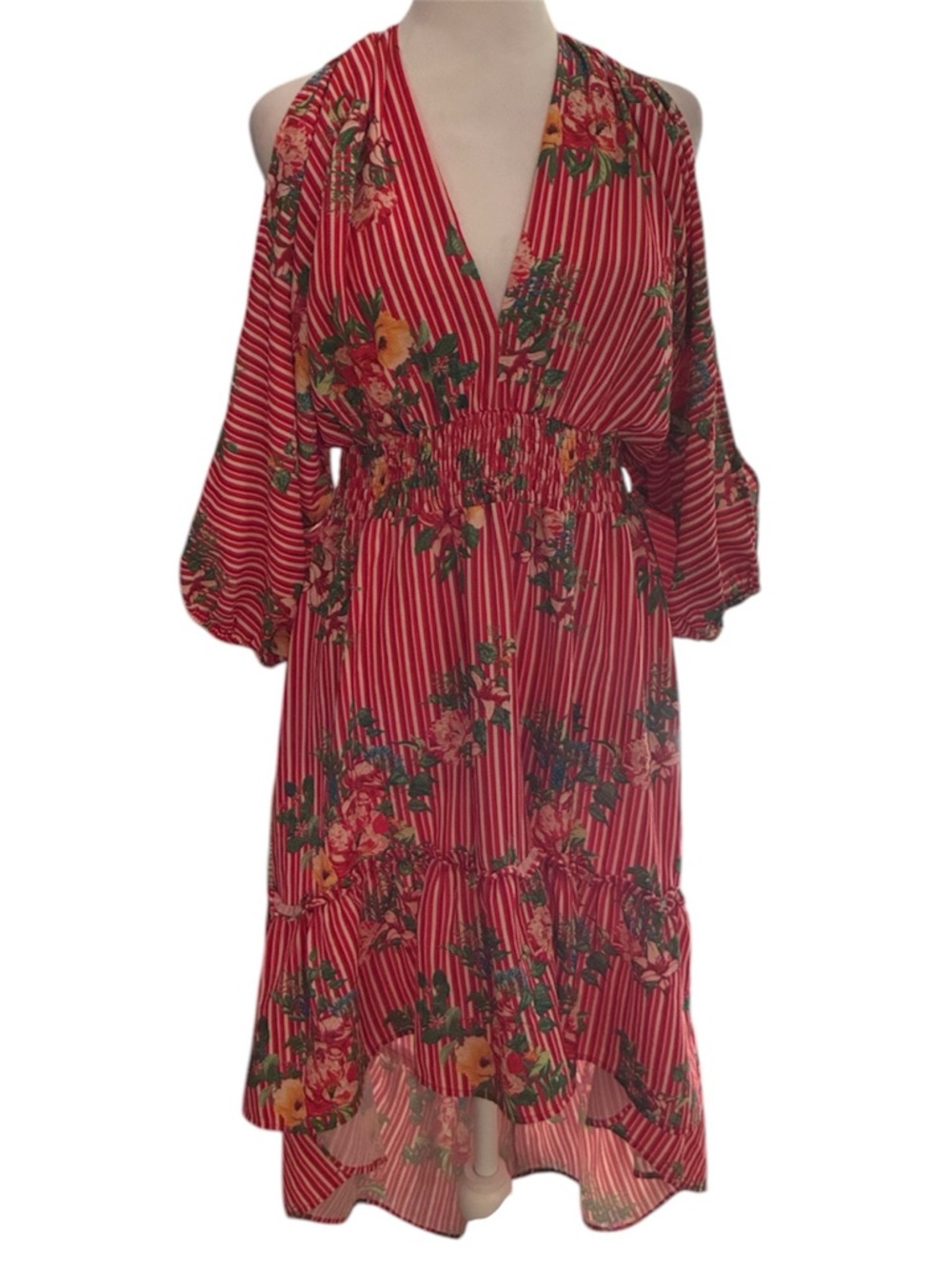 Flying Tomato Red Floral Stripe Cold-Shoulder Midi Dress size M
